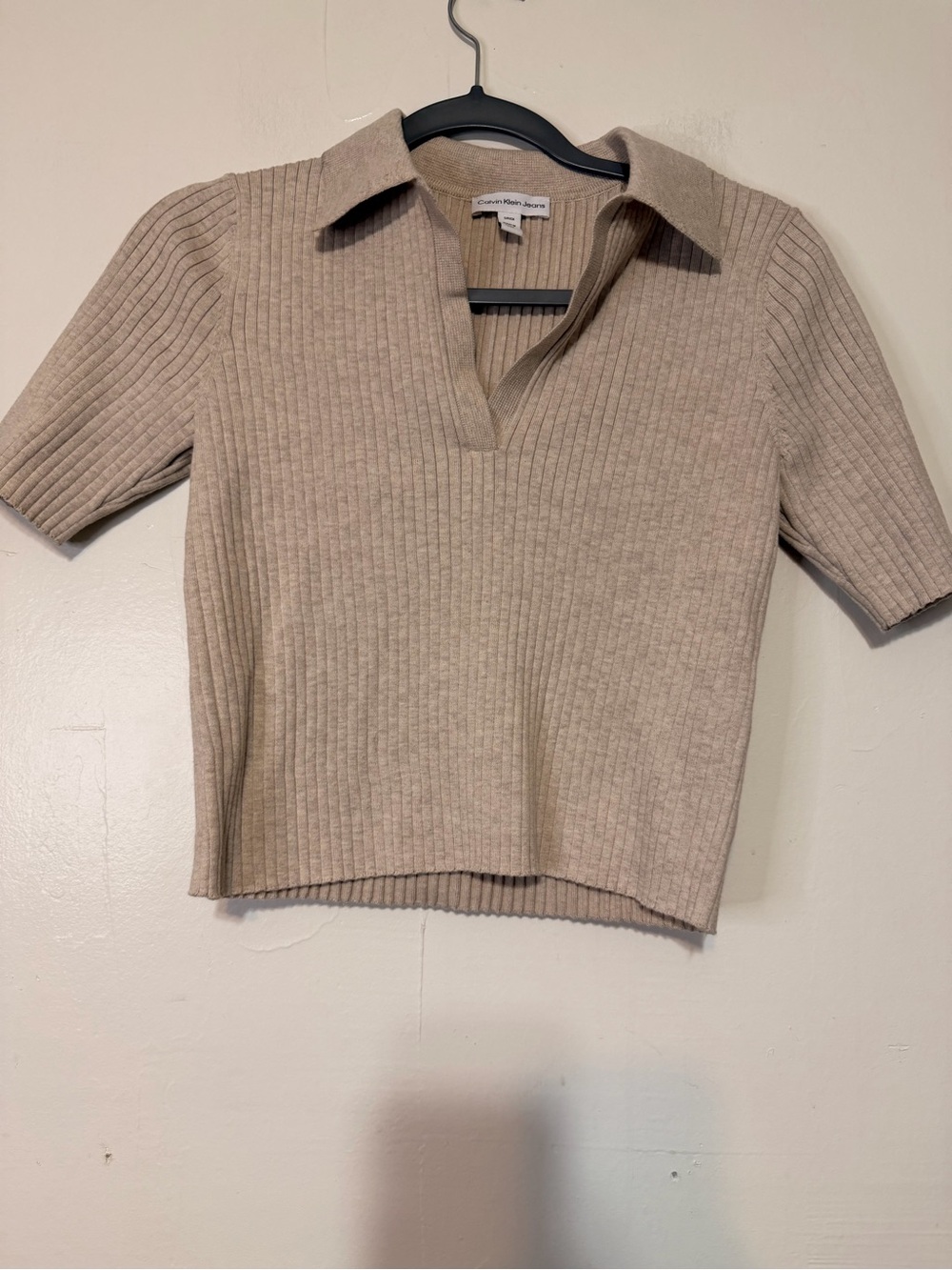 Calvin Klein Jeans Ribbed Polo Top in Beige